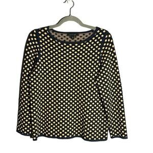 Ann Taylor Gold and Navy Blue Geometric Print Sweater Round Neckline Size Medium